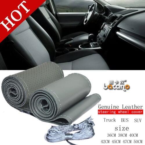BACANO GRAY Car Steering Wheel Cover DIY Genuine Leather Cowhide Braid With Needles Thread Car-Styling Interior Accessory