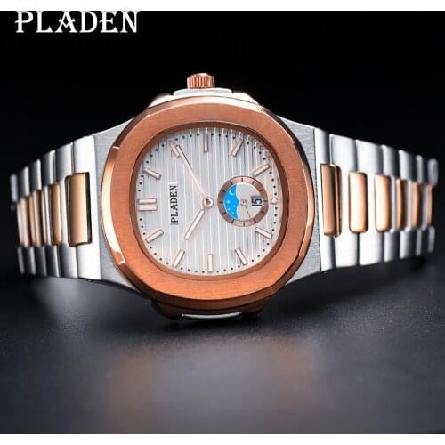 PLADEN New Gold Mens Watch Top Brand Luxury Sapphire Glass Quartz Watch Full Stainless Steel Waterproof Swimming Watch Men Gift