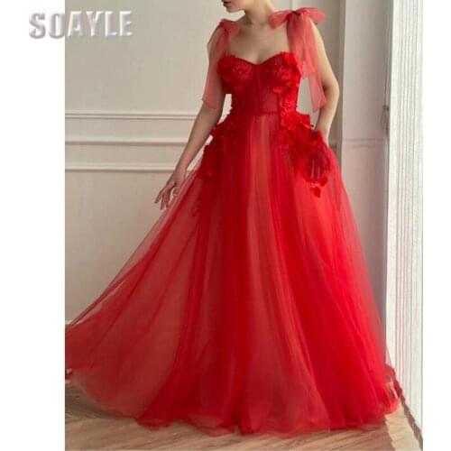 Prom Dresses Long for Teen Girl A-Line Party Gowns Red 3D Flowers Beading Plus Size 2021 Dress Formal Evenning Wear for Women