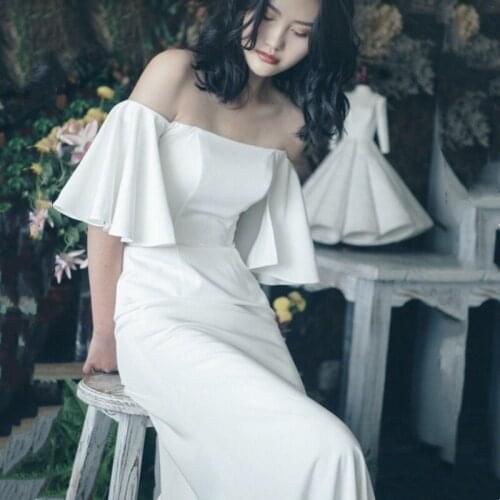 Vestido noiva New Mermaid Wedding Dress Satin With Train Sexy Off the Shoulder Ruffle Sleeves sukienki wizytowe Bridal Gown