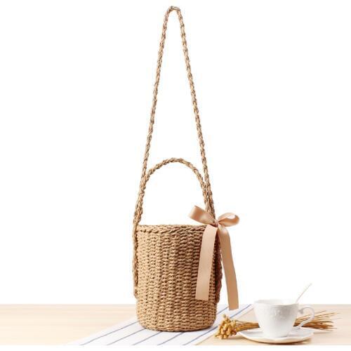 Simple Solid Color Straw Woven Bag Women Round Shoulder Bags Crossbody Bucket Handbag Beach Photo Props Travel Shopping Bags