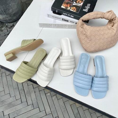 Open Toe Women Slippers Square High Heels Pumps Colorful Ladies Sandals Slides Flip Flops Slip On Mules Summer Dress Shoes Woman