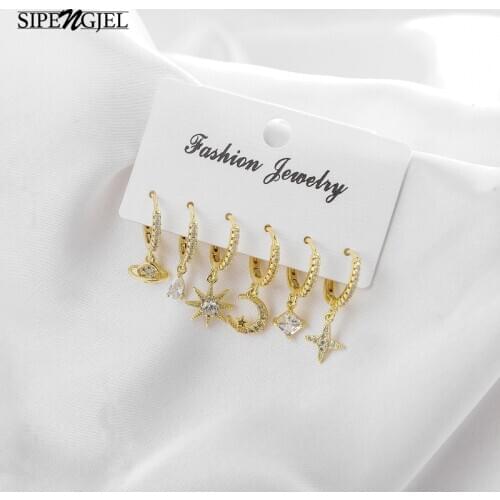 SIPENGJEL Fashion Star Moon Small Circle Hoop Earrings Sets White Crystal Pendant Earrings For Women Girls Jewelry 2021