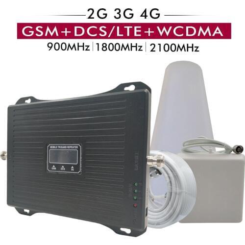2G/3G/4G Tri Band Signal Booster GSM 900+DCS/LTE 1800+UMTS WCDMA 2100 Cell Phone Repeater Cellular Signal Amplifier Antenna Set