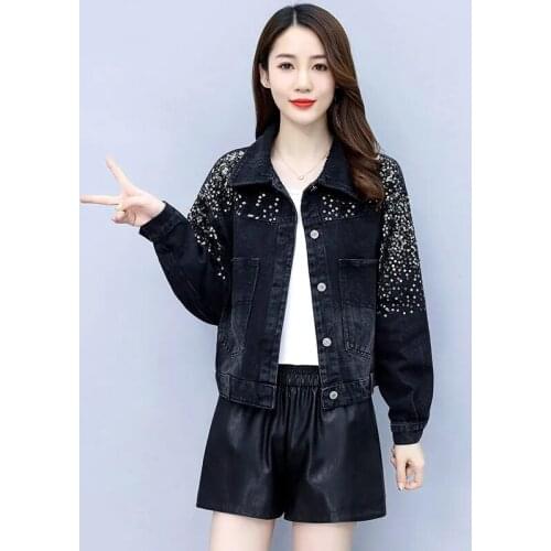 Women Spring Autumn Fashion Button Sequined Denim Jacket 2021 Female Korean Version Loose Short Slimming Cowboy Coat Jacket A76