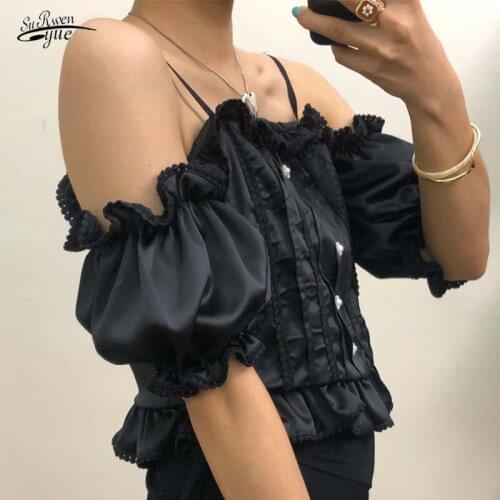 Slash Neck Beading Wooden Ear Puff Sleeve Tops Sexy Summer Women Short Sleeve Shirt Retro Off Shoulder Female Shirt Blusa 15757