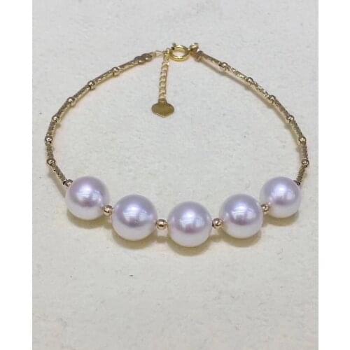 922 Fine Jewelry Pure 18K Gold Tube Natural Fresh Water Pink Pearls 7-8mm Gold Peals Bracelets for Women Fine Pearls Bracelets