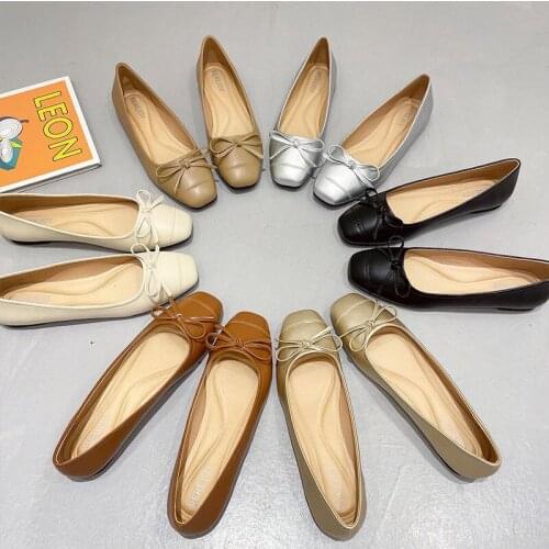 Spring/Autumn Ladies Flat Shoes Women 2021 New Square Toe Shallow Bow Casual Solid Slip-On Concise Flats Large size 34-42