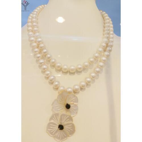 Women Jewelry 2 Rows necklace 9-10mm white pearl handmade Flower pendant cultured freshwater pearl gift