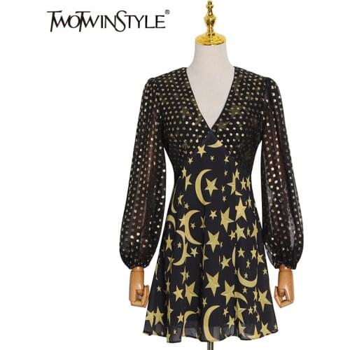 TWOTWINSTYLE Print Geometric Dress For Women V Neck Lantern Sleeve High Waist Vintage Dresses Female 2021 Fashion Clothing Tide