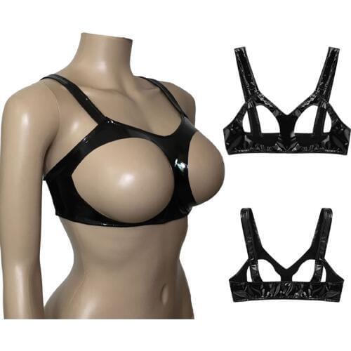 Womens Sexy Lingerie Faux Leather Cupless Bra Vest Wetlook Open Cups Bra Tank Bralette Crop Tops For Women Fetish Underwear