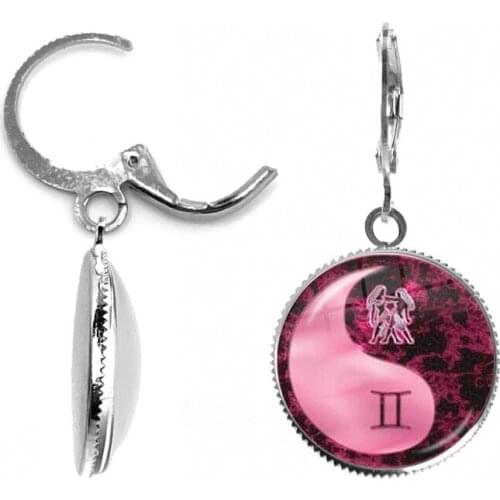 12 Constellation Yin Yang Earrings Simple Style Glass Dome Pink Jewelry Zodiac Sign Ear Stud Girl Women Birthday Gifts