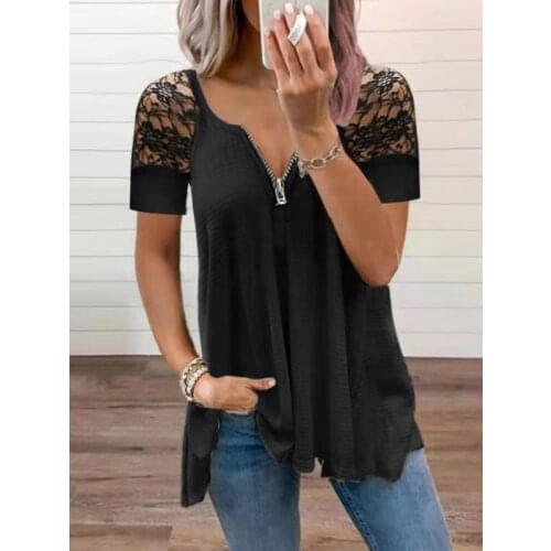 2021 Summer Women Fashion Clothes Lady Sexy Solid Color Lace Tops Female Zipper V-neck Loose Short Sleeve T-shirt