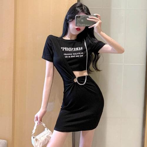 Hollow Out Letter Black Mini-Dresses Women Chain Sexy Club Summer Style Bodycon Dress Streetwear White New Female Clothes