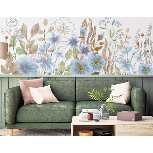 Big Watercolor Plant Flower Wall Stickers Hand-Painted Baseboard for Living Room Bedroom Adhesive Sticker Mural Art Home Decor