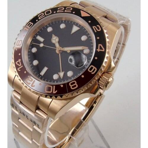 GMT Watches 40mm Rotating Bezel Mens Mechanical Watch Sapphire Glass Top Brand Rose Gold Plated Watch Business Men