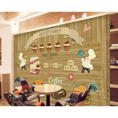 Custom wood wallpaper,Coffee cake wooden wall,3D cartoon murals for the cafe restaurant hotel background wall wallpaper PVC