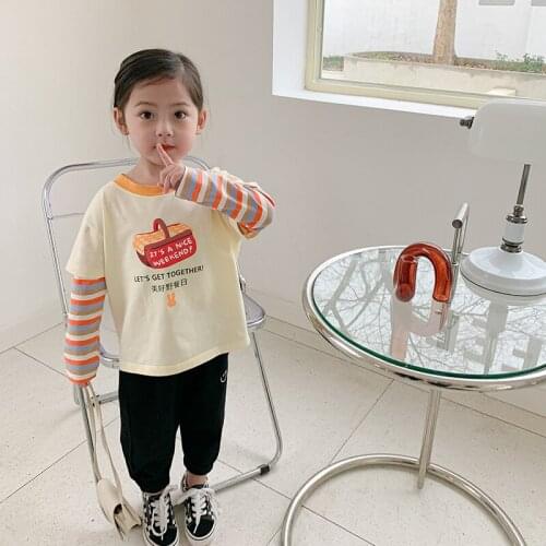 Kids Cotton T Shirt 2021 Spring New Baby Girls Cartoon Print Long Sleeve Tshirt Casual Cute Fake Two T-shirt for Girls Children
