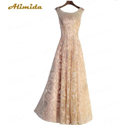 ALIMIDA Long Evening Dress 2020 Champagne Banquet Party Dress Illusion O-Neck Appliques Formal Prom Dress vestido de festa