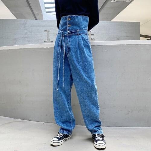 Design Sense Strappy High-waist Jeans Men And Women Loose Denim Wide-leg Pants Lace-up Waist Bag Trousers Daddy Pants Trend