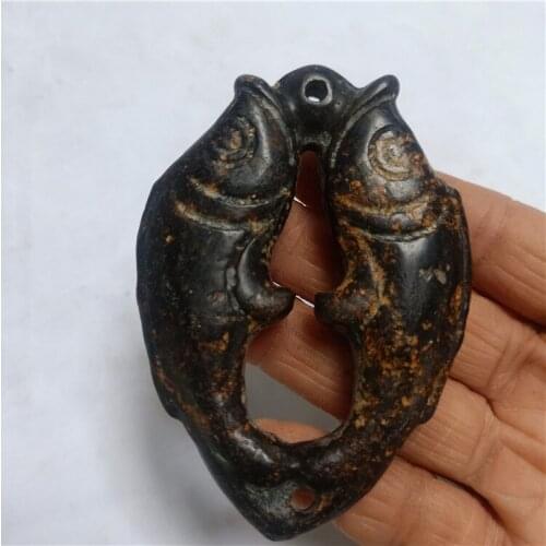 Hongshan culture archaize black iron meteorite sculpture luck art Double sided goldfish energy statue #008