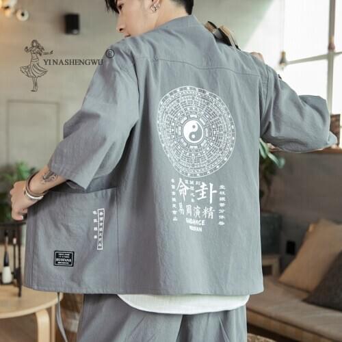 Men Japanese Kimono Print Yukata Coat Samurai Harajuku Style Japan Haori Male Cardigan Chinese Asian Traditional Costume New