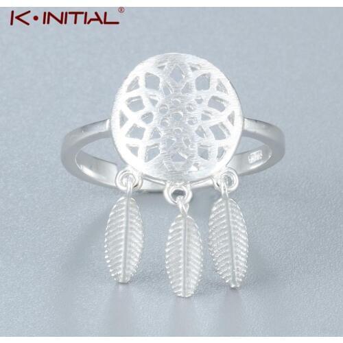 Kinitial Fashion Hollow Dream Catcher Feather Rings For Women Gift Finger Adjustable Dreamcatcher Charm Leaf Dangle Ring