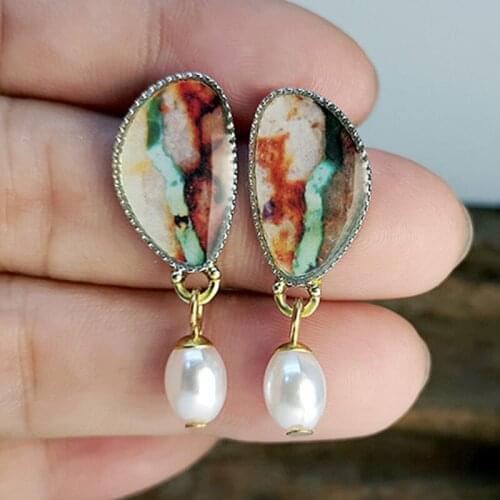 Lovely Water Drop Colorful Stone Pearl Earrings Trendy Jewelry Small Cute Turquoises Resin Pendant Drop Earrings Women