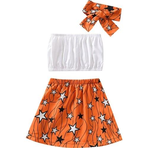 2021 0-5Y Summer Kids Baby Girl Clothes Set White Solid Sleeveless Tube Top+Stars Print A-line Skirt+Headband Cute 3pcs Outfits