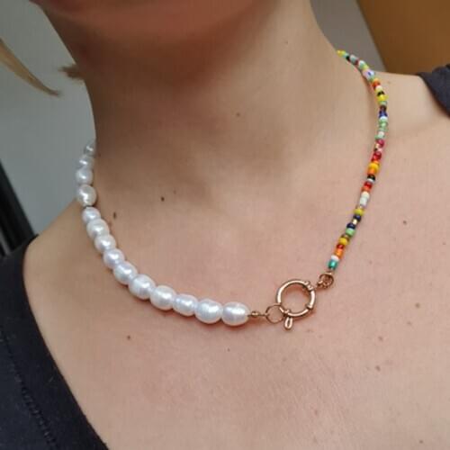 Fashion Real Pearl Jewelry Bohemian Multi-Color Beads Choker Freshwater Pearl Necklace for Women Party