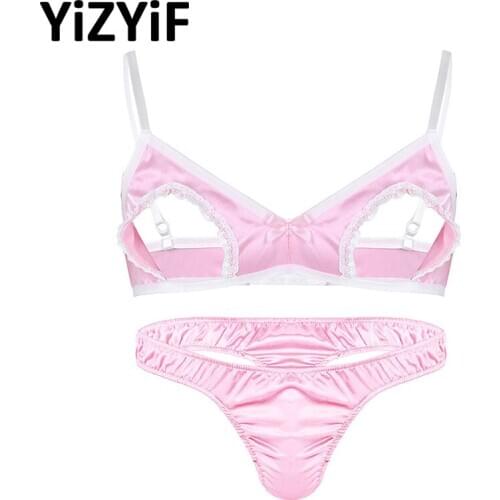 Mens Satin Lingerie Sexy Open Cup Bras Sissy Lingerie Set Erotic Hollow Out Nipples Bra Top With Bikini Thong Gay Men Underwear