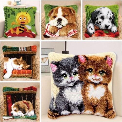 Pulaqi Cartoon Animal Latch Hook Pillow Sets Cushion Embroidered Handiwork Crafts Cat Dog Latch Hook Rug Kits DIY for Needlework