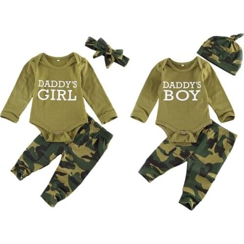 New Baby 3-piece Outfit Set Long Sleeve Romper+Camouflage Pants+Headband/Hat Set for Baby Boys Girls