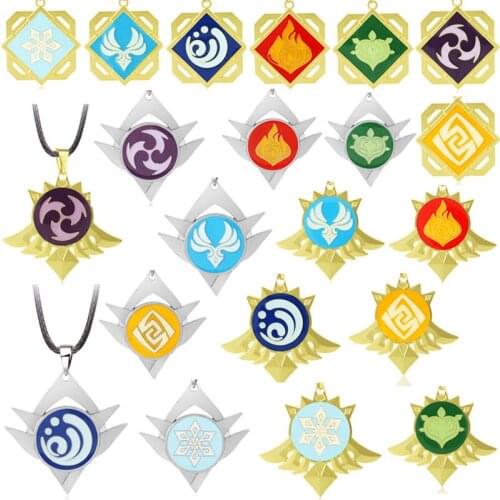 Game Genshin Impact Eye of God 7 Elements Wind Water Ice Thunder Grass Rock Fire Logo Alloy Necklace Choker Leather Necklaces