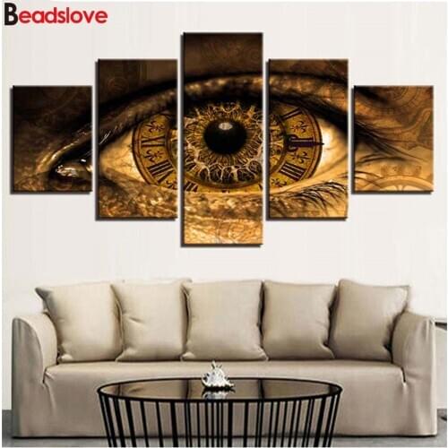 Full round square diamond painting sale 5 Piece Abstract Clock In The Eyes Wall Art diy diamond rhinestone embroidery home decor