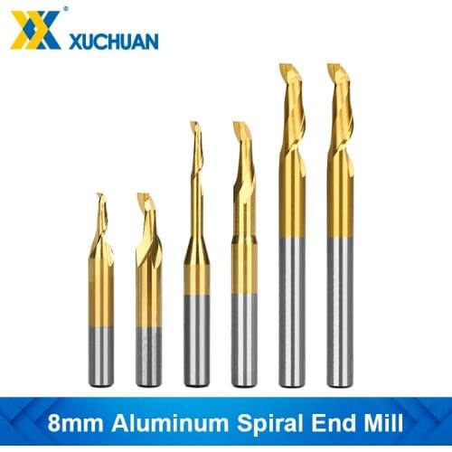 HSS Spiral Milling Cutter 8mm Shank Titanium Coated End Mill for Aluminum Wood Cutting Single Flute CNC Aluminum Milling Tools