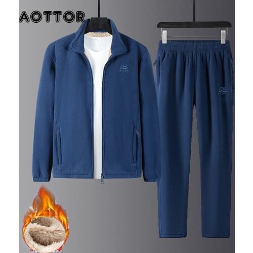 Winter Fleece Men Warm Casual Sets Mens Hooded Jacket + Pant 2Pcs Tracksuit Sportswear Fashion Zipper Sets Male Brand Clothing