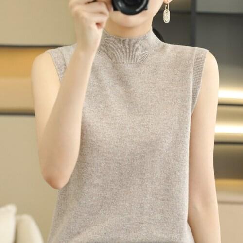 Spring Sweater Vest Women Half High Collar Solid Color Casual Korea Style Female Chic Fashion Soft Sleeveless Knit Sweaters