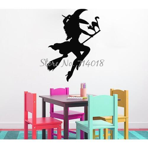 Girl Witch on Broom with Cat Vinyl Wall Decal Sticker Halloween Festival Party Wall Decals Kids Room Decor Mural Home Decor A990