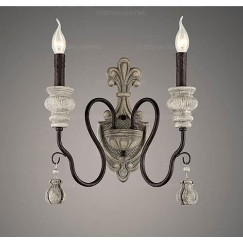 Vintage wood wall lamps with rustic iron retro wall sconce french american style bedroom bedside corridor foyer hallway lighting