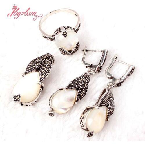 Drop White Shelll Stone Beads Marcasite Tibetan Silver Necklce Pendant Earrings Rings Fashion Jewely Women Gift ,Free Shipping