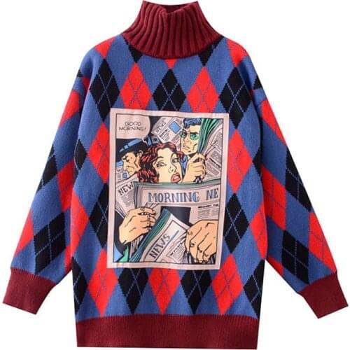 PERHAPS U Women Sweater Knitted Pullovers Red Blue Argyle Loose Winter Turtle Neck Character Cartoon Print M0216