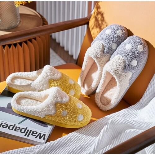 Women Winter Slippers Furry Flat Polka Dot Non-Slip Plus Size Female Warm Plush House Shoe Lovely Leisure Ladies Indoor Footwear