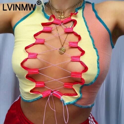 LVINMW Fashion Line Patchwork Bandage Cross Bow Slim Tank Top Sexy Hollow Out Colorful Top Female Streetwear Skinny Crop Top