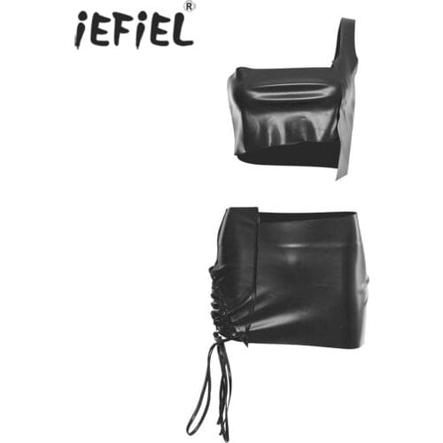 Women Fashion PU Leather Casual Skirt Suit One Shoulder Sleeveless Crop Top with Lace-up Side Miniskirt Ladies Dress Sets