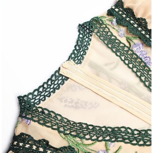 Elegant V Neck Spring Summer Hollow Out High Waist Lace Floral Embroidery Dress Women Bohemian Embroidered Flower Dresses Female