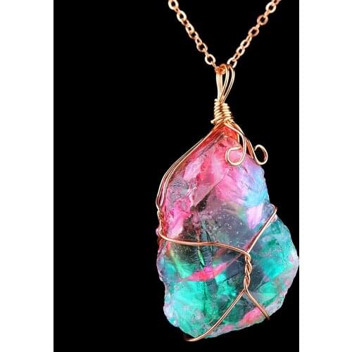 1Pc Irregular Rainbow Stone Natural Crystal Chakra Rock Necklace Golden Plated Quartz Pendant Nice Gift For Lover Friends