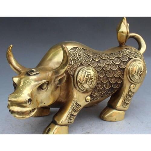 14" Chinese Bronze Wealth Money Coins Zodiac Year Oxen Cattle Animal Statue