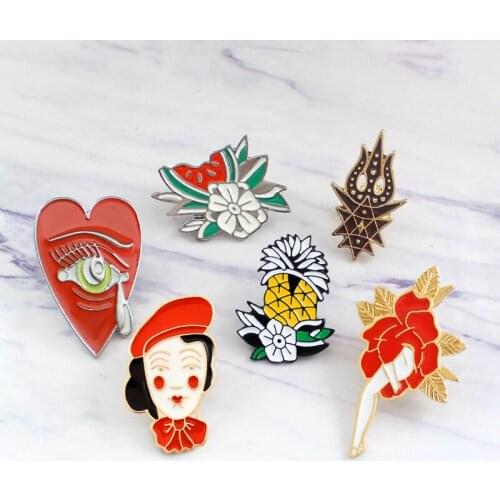 6Pce/Set Tears Heart Pineapple Watermelon Red Flower Woman Metal Enamel Brooch Fashion Trendy Clothes Backpack Jewelry Gift
