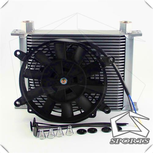 AN10 Universal 28 Row Engine Female 7/8-14 Oil Cooler + 7" Electric Fan Silver